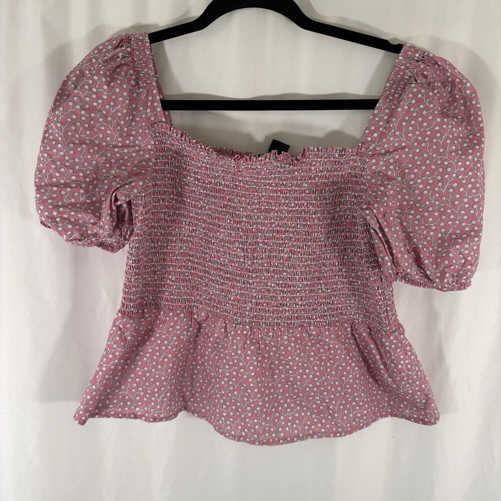 French Connection Blouse Women's 10 Pink Floral Smocked Square Neck Short Sleeve